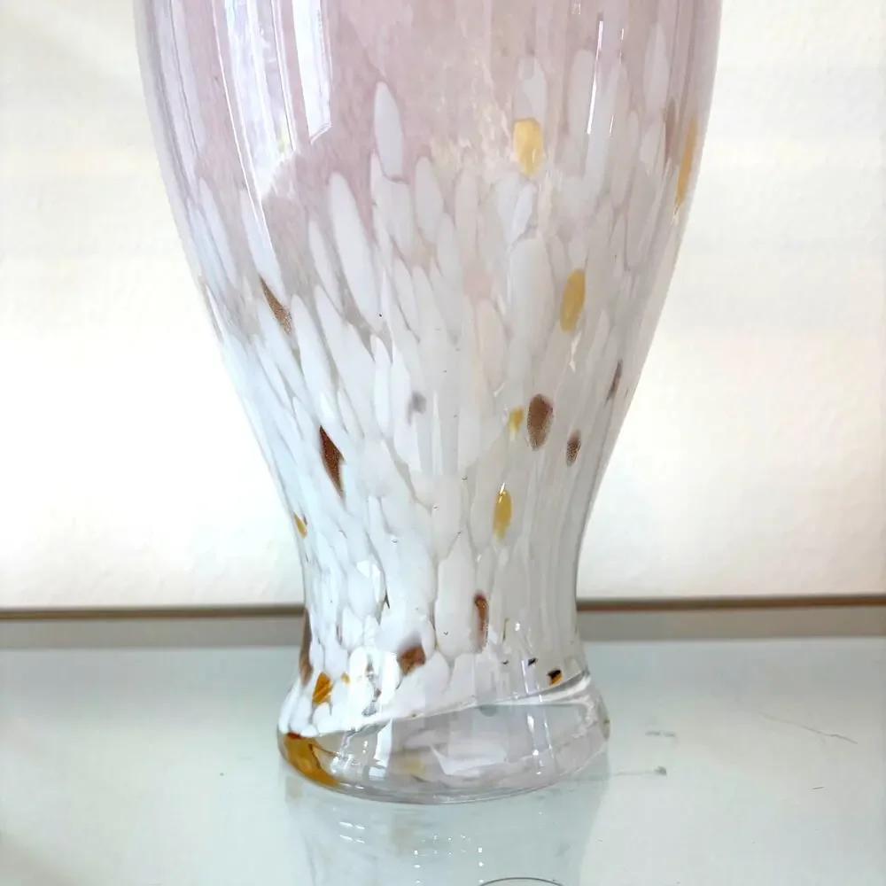 Murano Style Art Glass Vase 11.5in Pastel Pink White Speckled Gold Accents NEW
